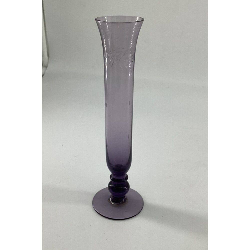 Amethyst Glass Fluted Bud Vase Knop Stem Footed Base Etched Floral Vtg Japan